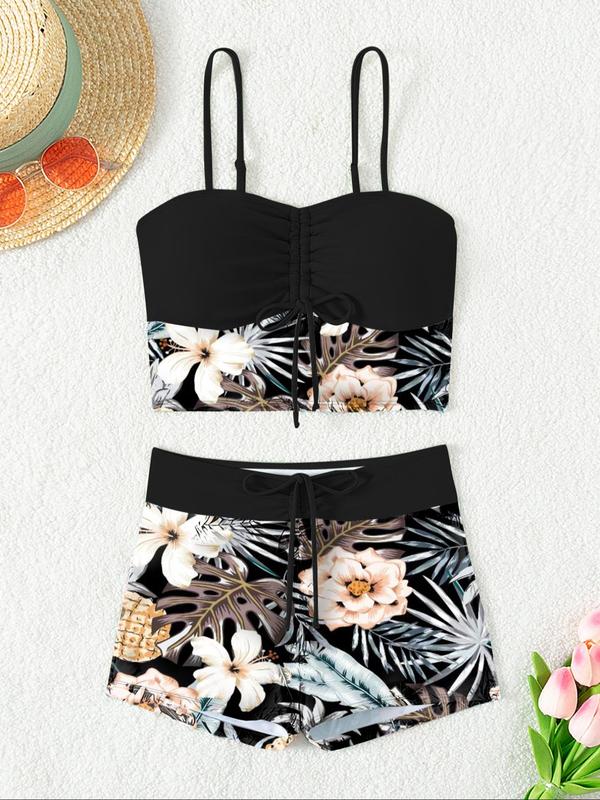 Two-piece Set Women's Tropical Print Drawstring Ruched Crop Tankini Top & High Waist Swim Shorts Tankini Set, Sleeveless Crop Swim Top & Swim Shorts, Bathing Suits Women, Summer Swimsuit Swimwear Set for Women