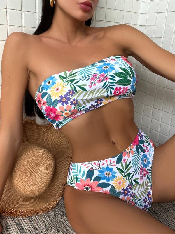 Women's Floral Print Bikini Set, Boho Fashion Sleeveless Swim Tube Top & Swim Bottom, Swimsuit for Women,  Swimsuit for Women, Ladies Swimsuit Sets for Summer Beach Holiday, Bathing Suits 2024 for Women