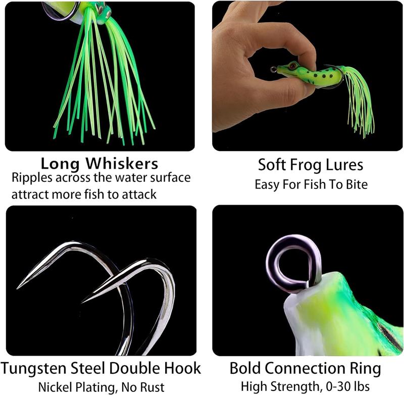 5Pcs Topwater Frog Lures Set with Bait Box - Weedless Soft Bait for Bass and Snakehead - Realistic Fishing Crankbait Lures