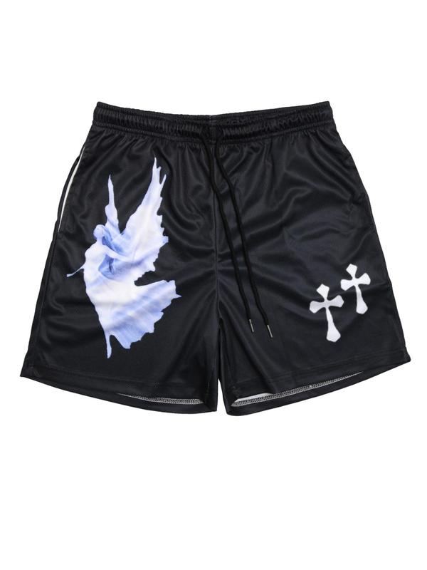 Men's Regular Fit Angel & Cross Print Drawstring Waist Sports Shorts, Gym Shorts, Casual Pocket Elastic Waist Track Short Shorts for Fall, Men's Sportswear for Running Basketball Gym,  90s Clothes