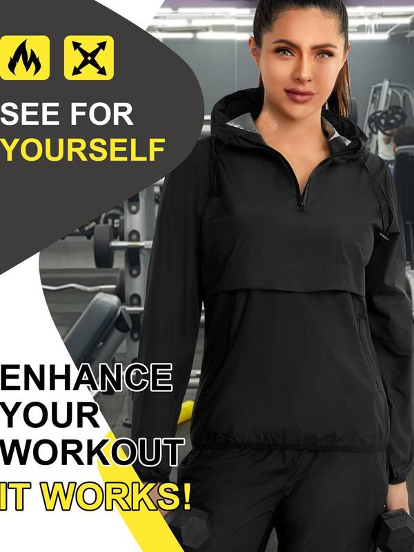 Women's Plain Drawstring Pocket Zip Up Hooded Sauna Jacket, Sporty Long Sleeve Zip Front Outerwear for Gym Workout Running, Ladies Sportswear for All Seasons