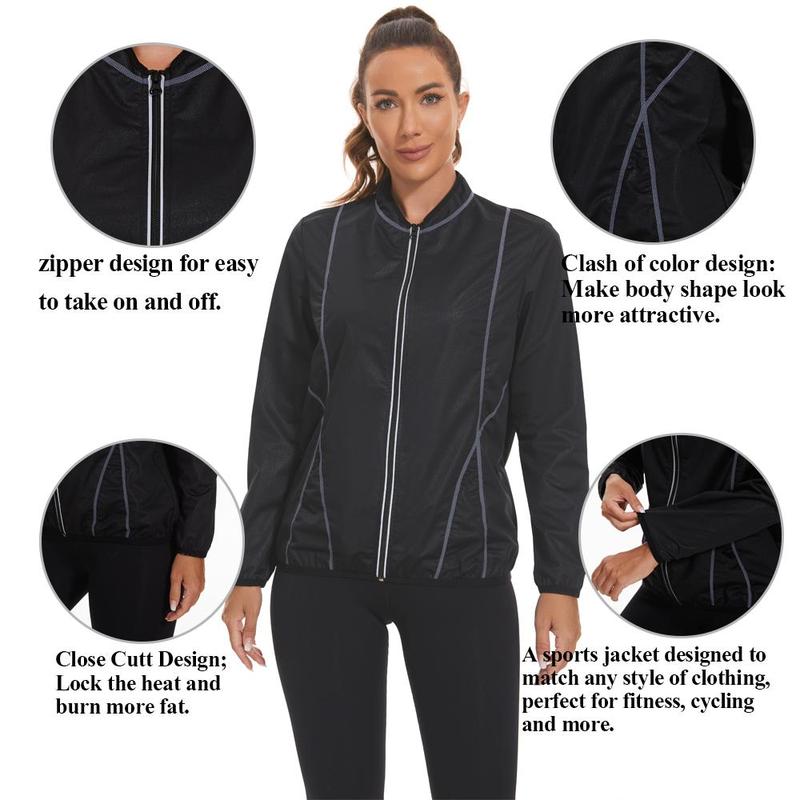 Women's Sauna blazer with Sweat-Maximizing Material, Front Zip for Convenience, Precise Stitching, Flexible Cuffs and Neck, and Daring Grey Stripes for a Dynamic, Comfortable, and Effective Workout Session,Elevate Your Fitness