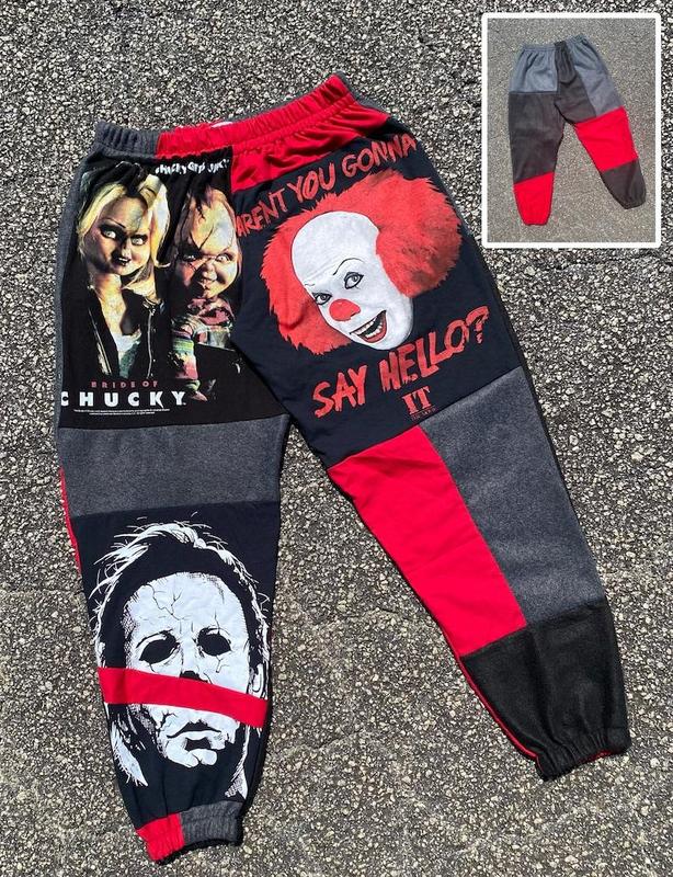 Do you like Scary Movie Halloween Joggers Pants_grey,red, Halloween Jogger Pants, Horror Movie Pants, Fall Winter Pants, Horror Patchwork Sweatpants, Jogger Pant For Men and Women.