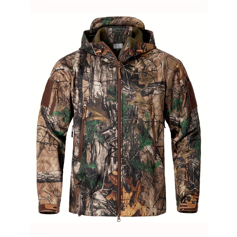 1pc Men'S Tactical Camouflage Hunting Jacket - Water-Resistant, Warm Fleece-Lined, Soft Shell Outdoor Hoodie Coat with Pockets, Zippered, Regular Fit, Polyester & Spandex, Winter Sports Gear