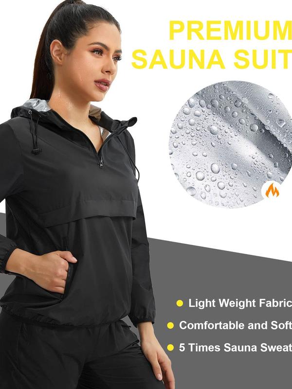 Women's Plain Drawstring Pocket Zip Up Hooded Sauna Jacket, Sporty Long Sleeve Zip Front Outerwear for Gym Workout Running, Ladies Sportswear for All Seasons