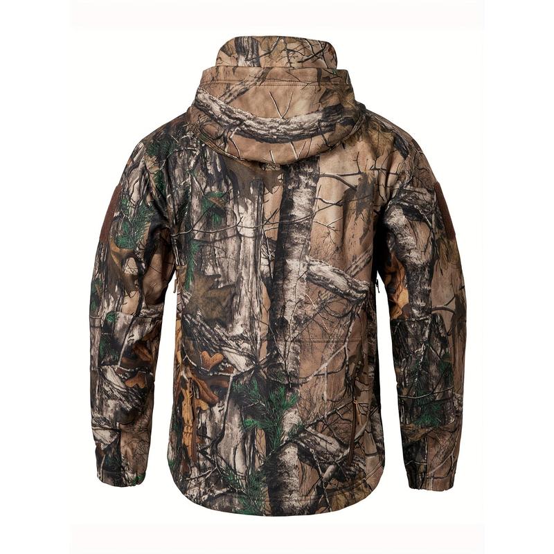 1pc Men'S Tactical Camouflage Hunting Jacket - Water-Resistant, Warm Fleece-Lined, Soft Shell Outdoor Hoodie Coat with Pockets, Zippered, Regular Fit, Polyester & Spandex, Winter Sports Gear