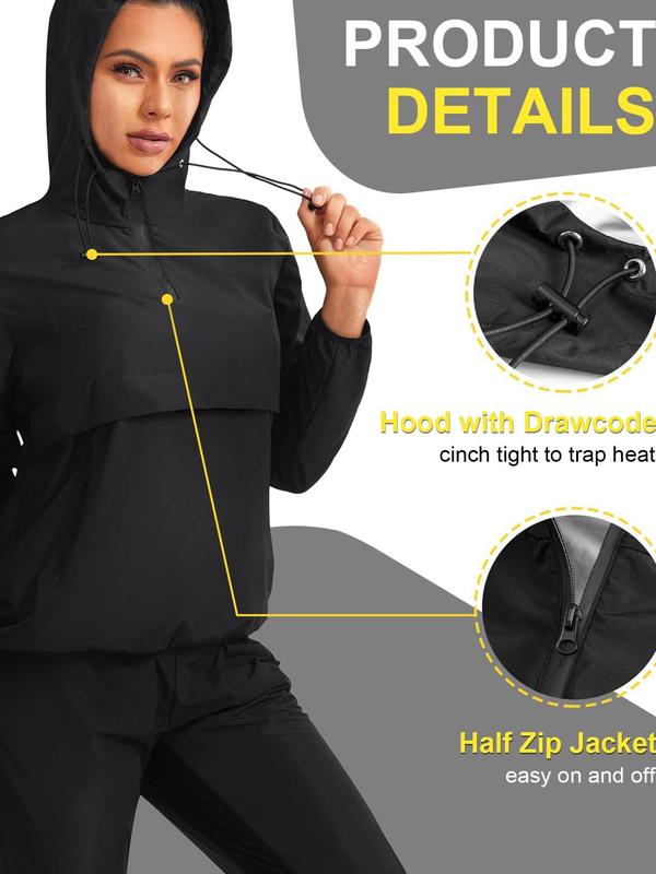 Women's Plain Drawstring Pocket Zip Up Hooded Sauna Jacket, Sporty Long Sleeve Zip Front Outerwear for Gym Workout Running, Ladies Sportswear for All Seasons