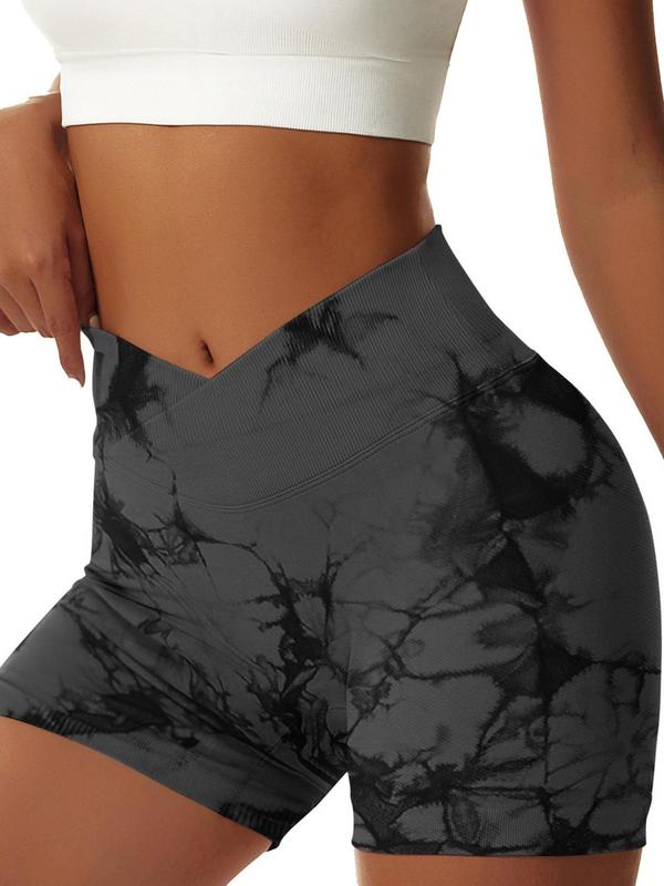 Women's Solid & Tie Dye Ruched Wrap High Waist Sports Shorts, Breathable Comfortable Skinny Gym Shorts, Ladies Sportswear for Gym Yoga Running Workout, Gym Clothing