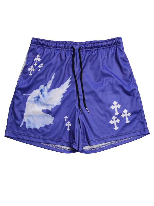 Men's Regular Fit Angel & Cross Print Drawstring Waist Sports Shorts, Gym Shorts, Casual Pocket Elastic Waist Track Short Shorts for Fall, Men's Sportswear for Running Basketball Gym,  90s Clothes