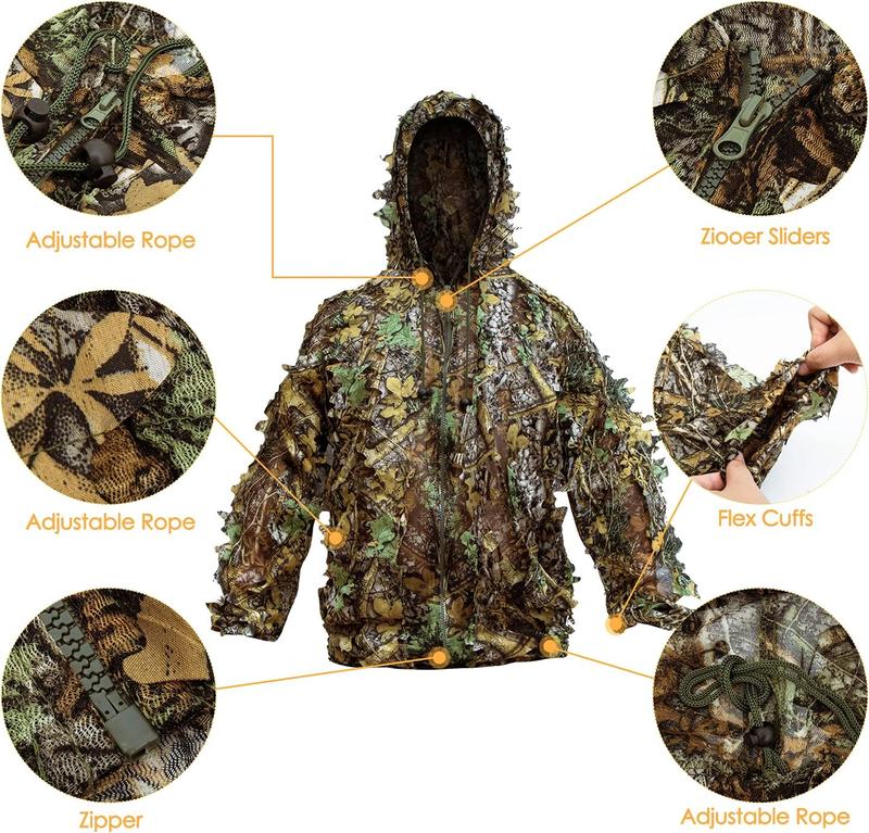 Ghillie Suit,  Adult 3D Leafy Camouflage Clothing, Ghillie Suit for Men, Camo Suit for Turkey Hunting, Hunting Suit for Outdoor Game and Halloween