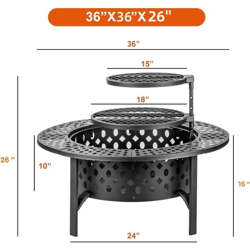 36 Inch Three in One Fire Pit with 2 Grills, Outdoor Wood Burning Fire Pit with Cover, Matchstick, and Circular Waterproof Cover Does not apply