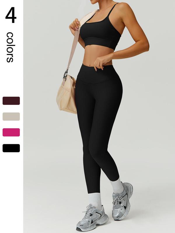 Women's Solid Ribbed Sports Cami Top & High Waist Leggings Tracksuit Set, Sporty Casual Breathable Outfits for Yoga Gym Workout Running, Ladies Sportswear for All Seasons