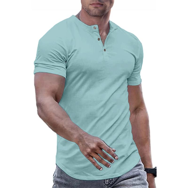 TUREFACE Mens Muscle Slim Henley Shirts Crewneck Longline T-Shirt Gym Workout Athletic Shirt Tees with Button