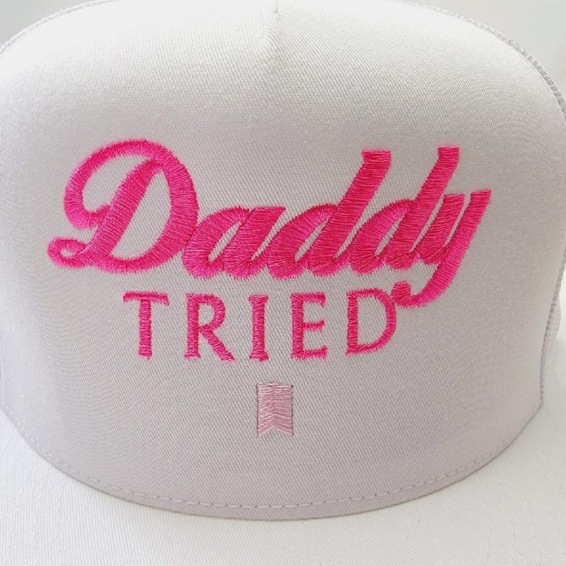 Daddy Tried Mesh Snapback Embroidered Flat Bill Trucker Hat White