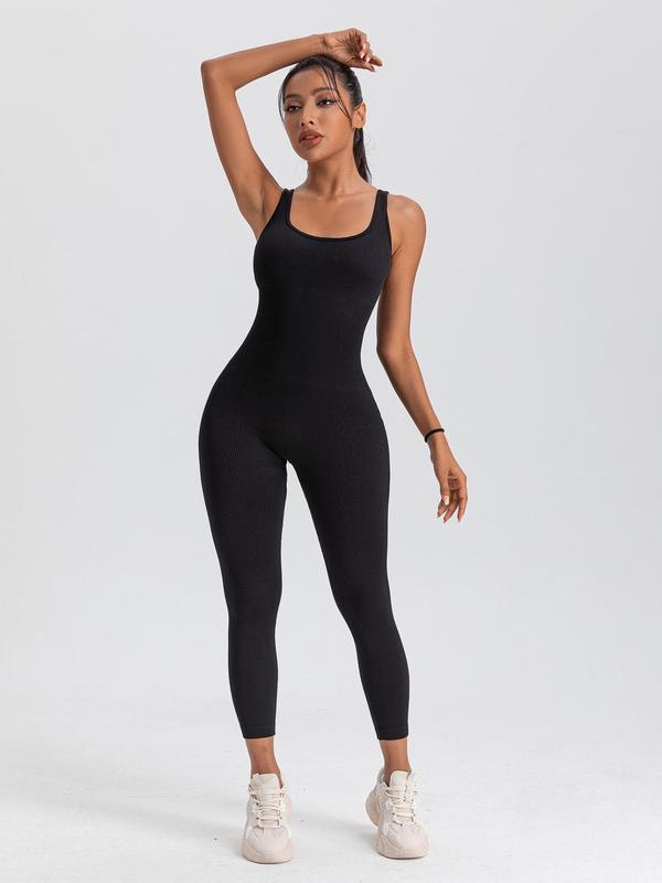 Sporty Women's Solid Color Square Neck Sports Tank Jumpsuit, Casual Sporty Sleeveless Skinny Jumpsuit for Yoga Gym Workout, Ladies Sportswear for All Seasons