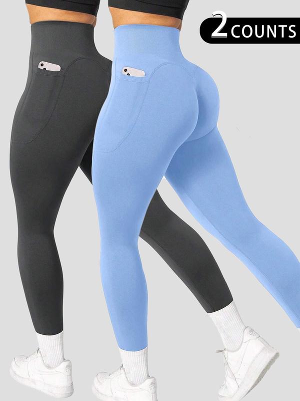 Women's Solid High Waist Pocket Sports Tummy Control Leggings, High Stretch Breathable Skinny Pants for Yoga Gym Workout Running, Back To School Ladies Sportswear for Fall, Fall Outfits 2024, 90s Clothes