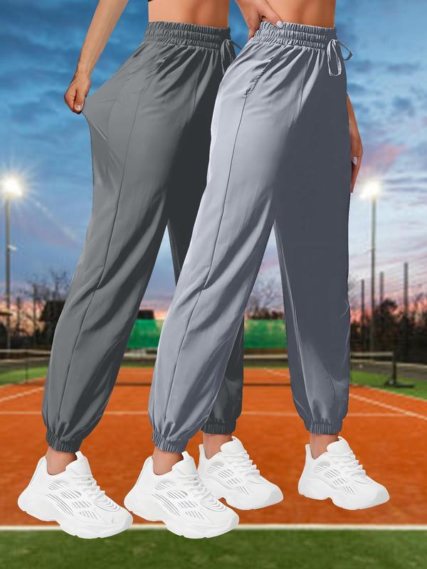 Women's Solid Pocket Drawstring Waist Sports Pants, Casual Elastic High Waist Jogger Pants for Outdoor Tennis, Ladies Sportswear for All Seasons