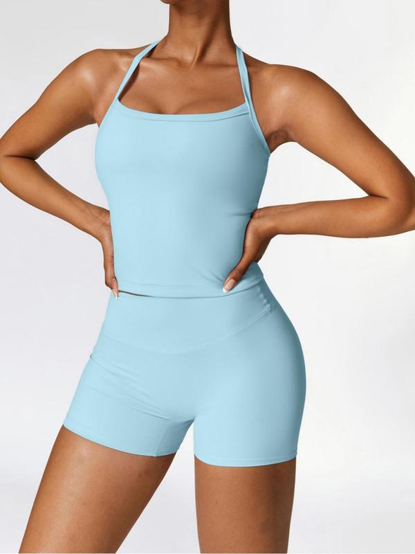 Women's Solid Color Backless Cami Top & High Waist Shorts Tracksuit Set, Sporty Breathable Comfortable Outfits for Yoga Gym Workout Running, Ladies Sportswear for All Seasons, Fall Outfits