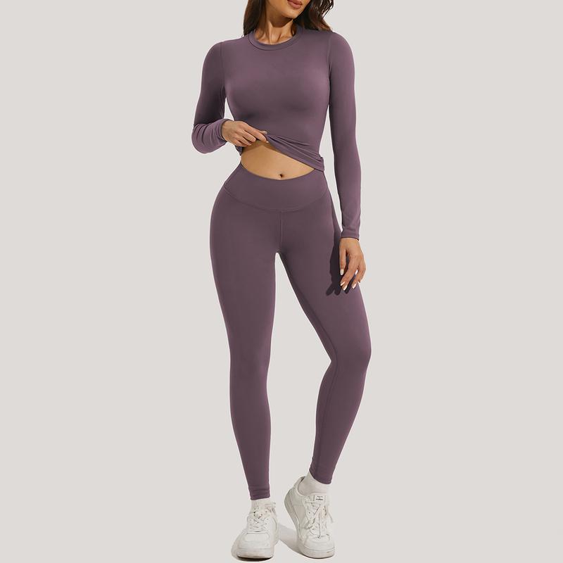 Women's Slimming Yoga Set with Long Sleeve Crew Neck Top and High Waisted Leggings for Gym Exercise - Medium Stretch Nylon and Elastane Fabric