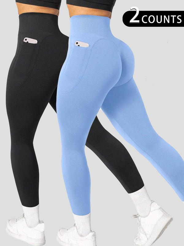 Women's Solid High Waist Pocket Sports Tummy Control Leggings, High Stretch Breathable Skinny Pants for Yoga Gym Workout Running, Back To School Ladies Sportswear for Fall, Fall Outfits 2024, 90s Clothes