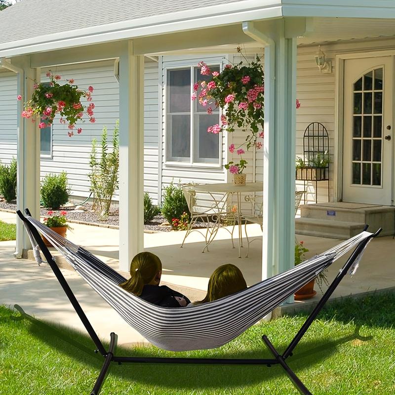 450 lbs Capacity 9 FT Space Saving Steel Garden Cotton Double Hammock with Black Stripe