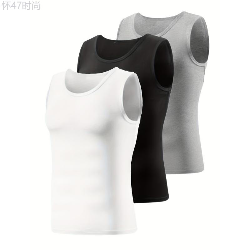 3pcs Breathable Men's Comfortable High Elasticity Vest, Quick Dry Compression Sleeveless Sports Tops & Undershirts