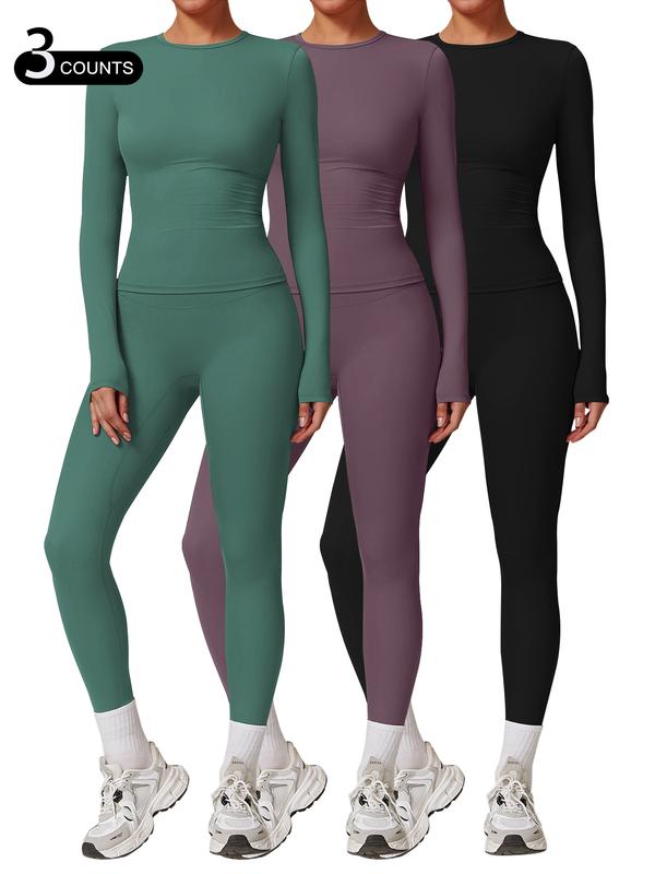 Women's Slimming Yoga Set with Long Sleeve Crew Neck Top and High Waisted Leggings for Gym Exercise - Medium Stretch Nylon and Elastane Fabric