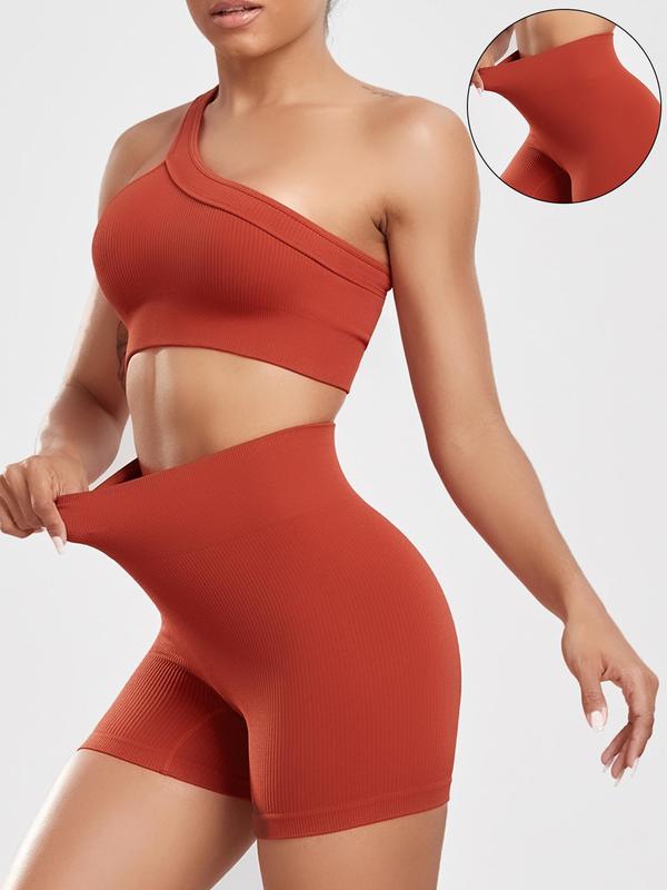 2 Piece Set Women's Plain One Shoulder Crop Tank Top & Skinny Shorts Tracksuit Set, Back To School Outfits, Sporty Crop Vest & Short Leggings for Gym Yoga, Two Piece Sets Tracksuits, Tracksuits for Women, Women Sport & Outdoor Clothing for Summer