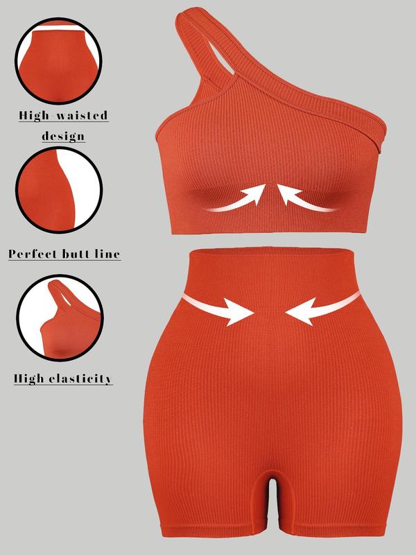 2 Piece Set Women's Plain One Shoulder Crop Tank Top & Skinny Shorts Tracksuit Set, Back To School Outfits, Sporty Crop Vest & Short Leggings for Gym Yoga, Two Piece Sets Tracksuits, Tracksuits for Women, Women Sport & Outdoor Clothing for Summer