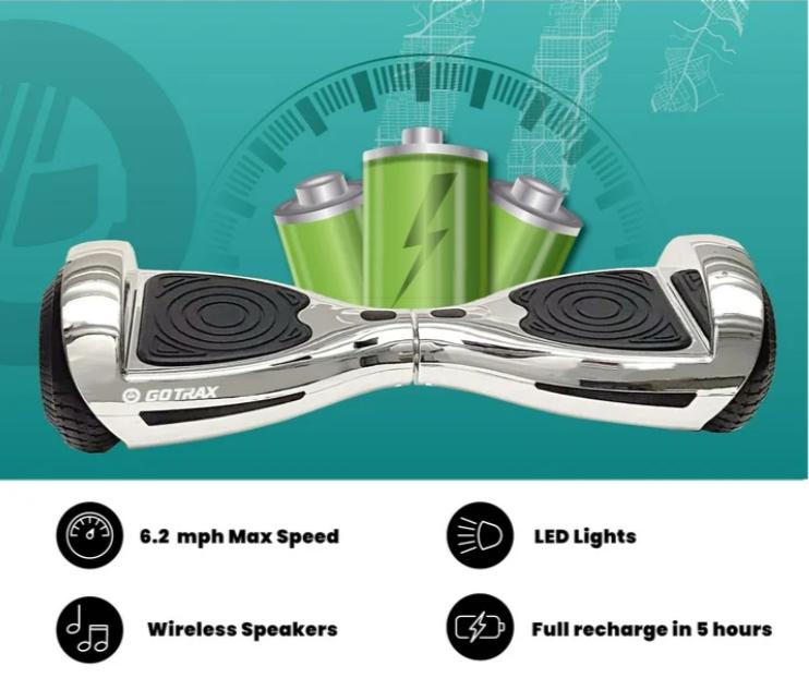 Hoverboard with Bluetooth Speaker – 6.2mph Top Speed, Chrome Finish, for Kids Ages 8+ and Up to 176lb Weight Capacity