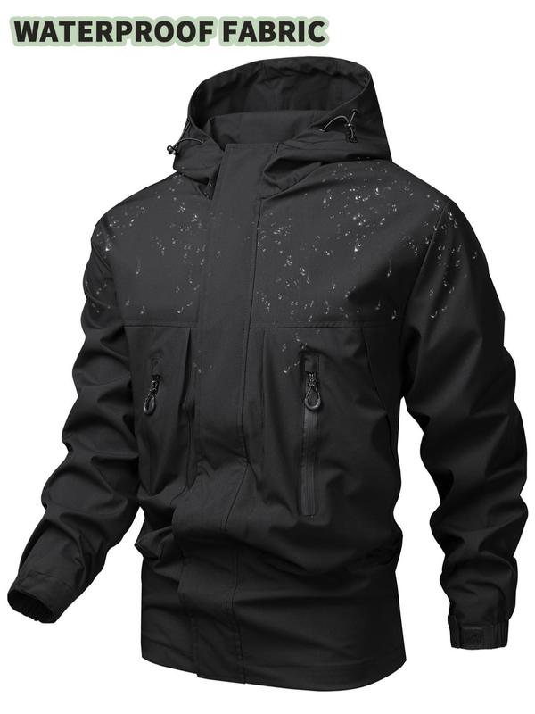 Men's Solid Zip Up Drawstring Hooded Jacket, Sporty Long Sleeve Pocket Waterproof Jacket for Outdoor Activities, Men's Sportswear for All Seasons Vintage Soccer Jersey