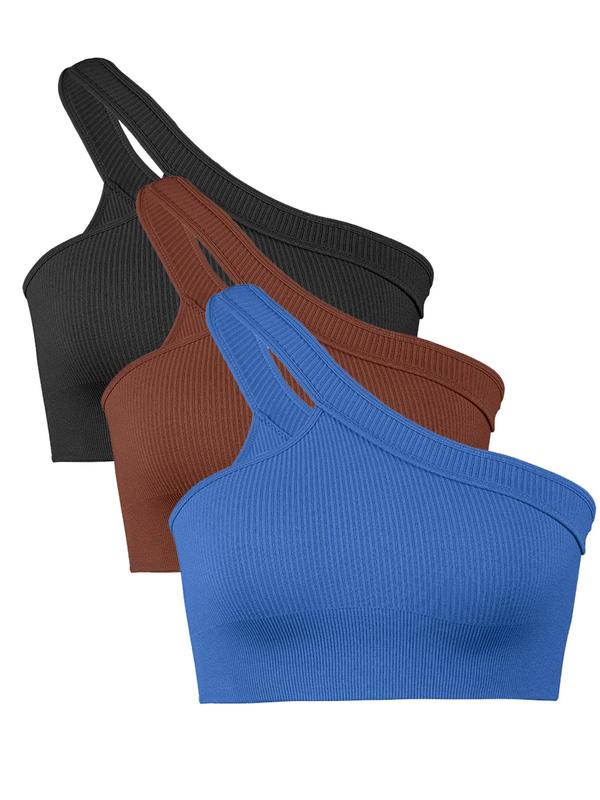 Women's 3pcs Solid Asymmetrical Neck Crop Sports Vest, Casual Comfortable Breathable Sleeveless Crop Sports Top for Yoga Gym Workout, Ladies Sportswear Clothing for Summer