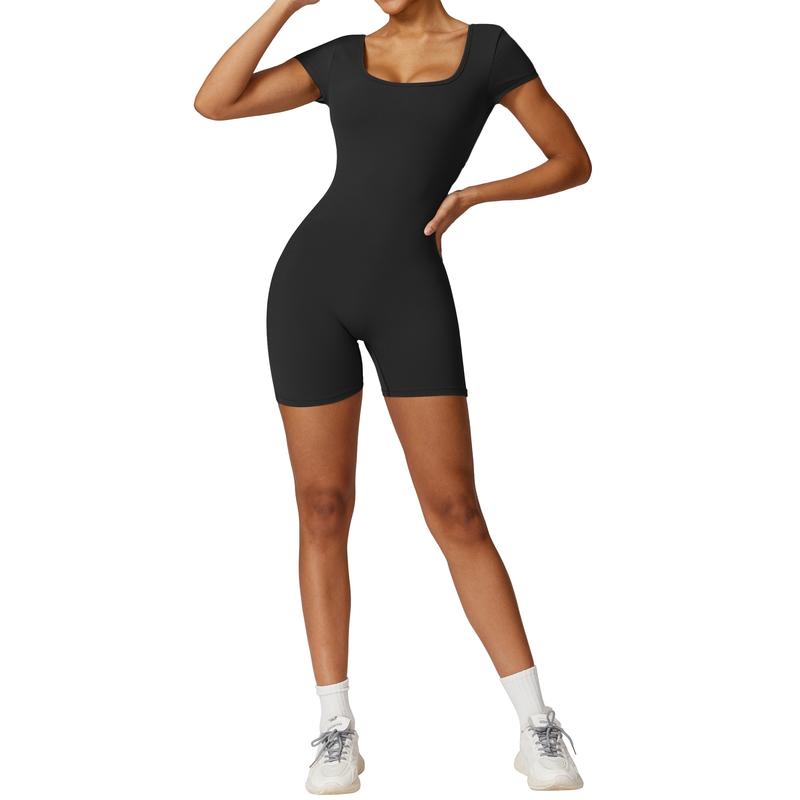 OEAK Short Sleeve Jumpsuit Workout for Women Sexy V Back Scrunch Tummy Control Square Neck Bodycon Scrunch Butt Yoga Romper