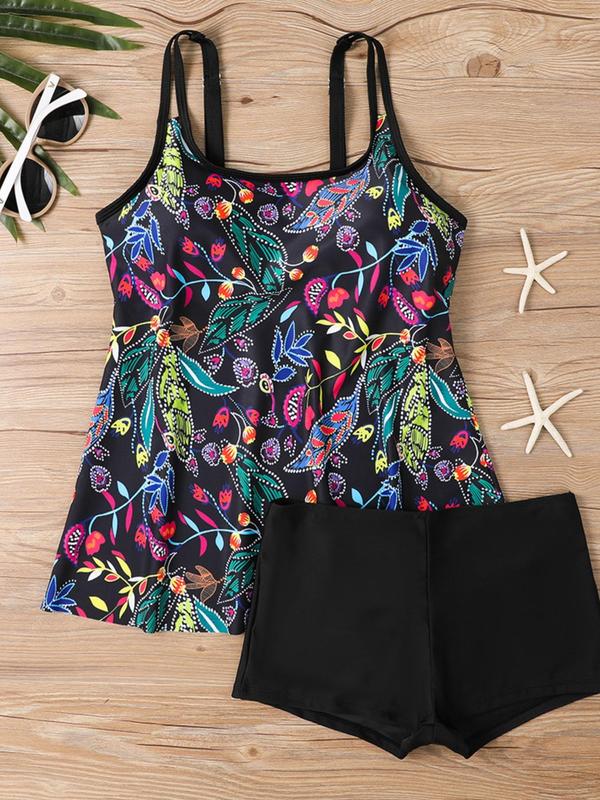 Plus Size Plants Print Tankini Set, Casual Boho Sleeveless Swim Tank Top & Swim Bottom Two-piece Swimsuit for Beach Holiday Vacation, Women's Swimwear for All Seasons