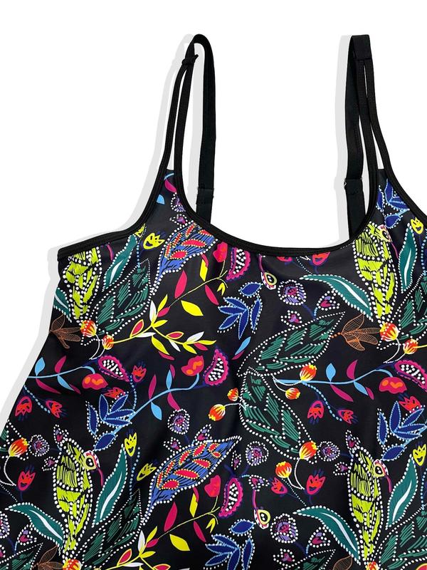 Plus Size Plants Print Tankini Set, Casual Boho Sleeveless Swim Tank Top & Swim Bottom Two-piece Swimsuit for Beach Holiday Vacation, Women's Swimwear for All Seasons