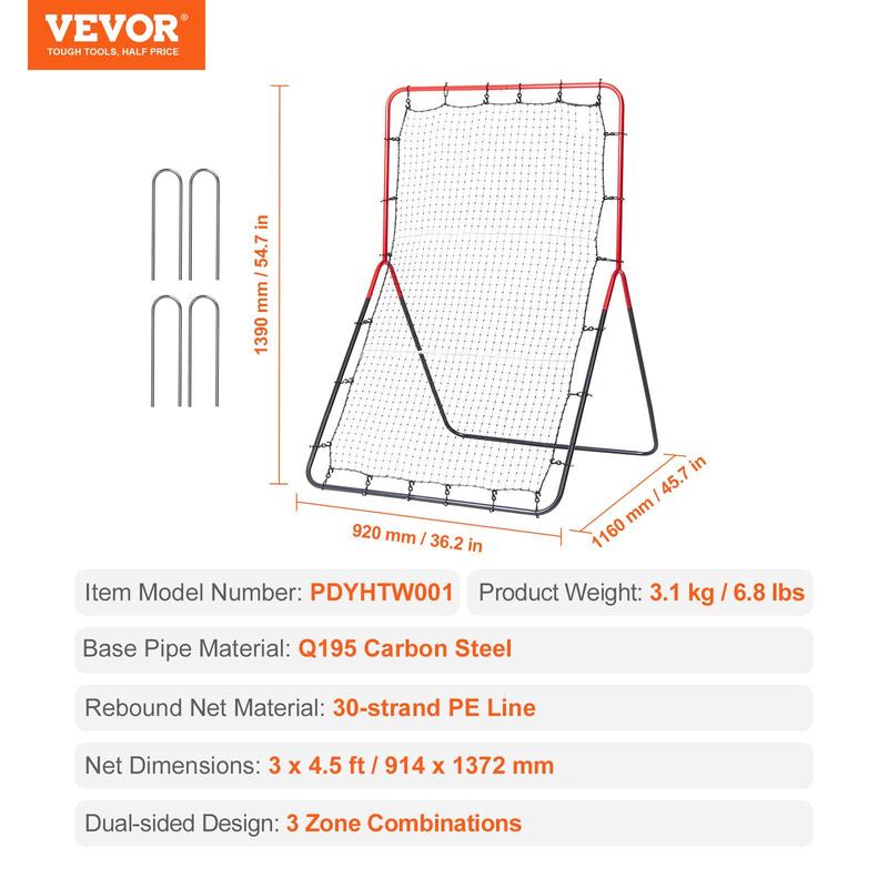 VEVOR Baseball And Softball Rebounder Net, 3 x 4.5 ft PitchBack Baseball Pitching Nest, 3-Way Baseball, Softball Pitchback Net, Fielding Trainer, Bounce Back Net for Fielding Throwing Practice