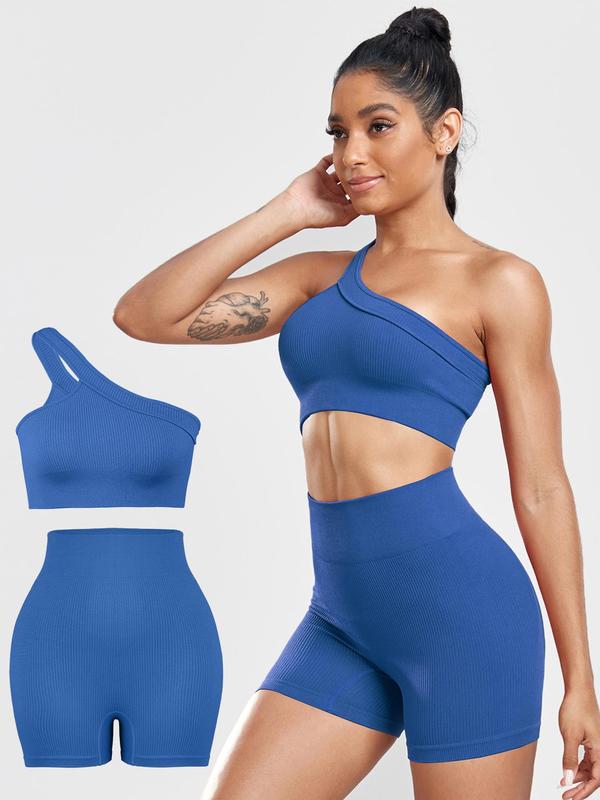 2 Piece Set Women's Plain One Shoulder Crop Tank Top & Skinny Shorts Tracksuit Set, Back To School Outfits, Sporty Crop Vest & Short Leggings for Gym Yoga, Two Piece Sets Tracksuits, Tracksuits for Women, Women Sport & Outdoor Clothing for Summer