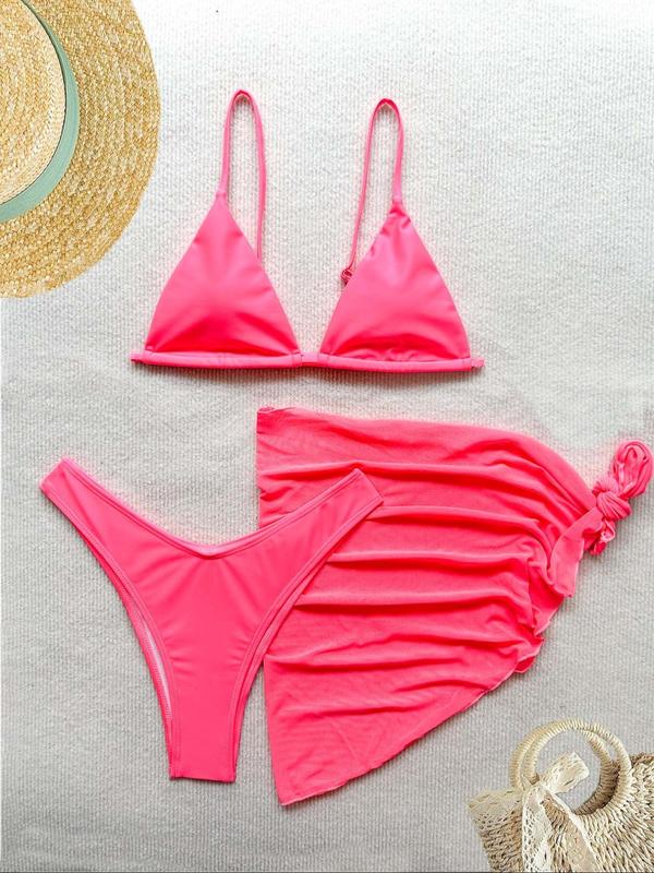 Three-Piece Set Women's Solid Bikini Set, Tie Back Triangle Swim Bra & High Cut Swim Bottom & Self-Tie Mesh Cover Up Set, Ladies Summer Swimsuit for Beach Holiday Vacation