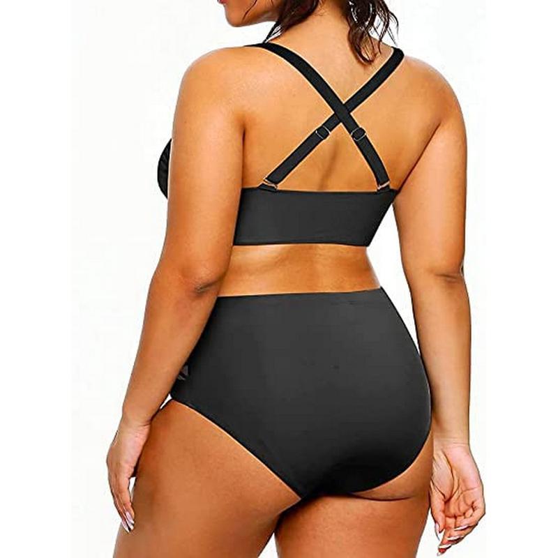 Yonique Women's Two Piece Plus Size Bikini Set, V Neck Top & Full Coverage High Waisted Bikini Bottom, Tummy Control Swimwear for Beach Swimming Holiday Vacation