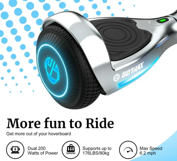 Hoverboard with Bluetooth Speaker – 6.2mph Top Speed, Chrome Finish, for Kids Ages 8+ and Up to 176lb Weight Capacity