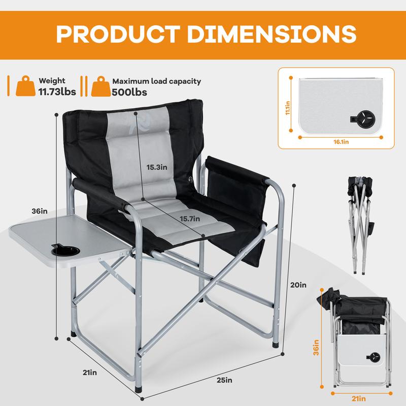 Slsy Heated Camping Directors Chair,Oversized Outdoor Portable Heating Folding Chair with Side Table, Pocket for Beach, Fishing,Trip,Picnic,Lawn portable folding