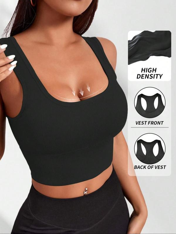 Women's Solid Racerback Scoop Neck Sports Bra, Breathable Comfortable Wireless Yoga Bra, Ladies Sportswear for Indoor Outdoor Wear