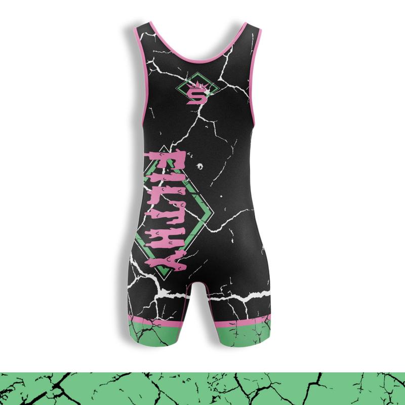 Filthy wrestling singlet, 80s flair with a wrestler’s edge, Black fabric, Electrified by white crackle patterns