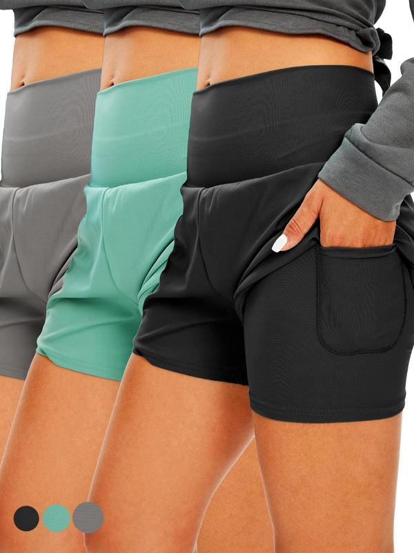 Women's Solid High Waist Sports Shorts, Sporty Pocket Design High Stretch Yoga Shorts, Ladies Sportswear for Indoor Outdoor Wear