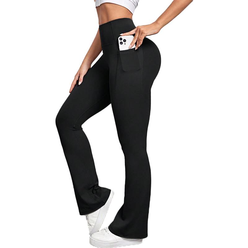 Women Solid Color High Waist Flared Yoga Pants with Pockets, Activewear Sports Outfit Highwaist Leggings  Casual Gymwear