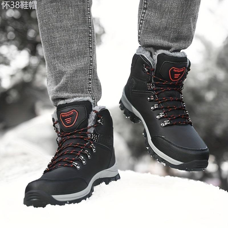 Men's Outdoor Snow Boots, Winter Thermal Shoes, Windproof Hiking Boots With Fuzzy Lining