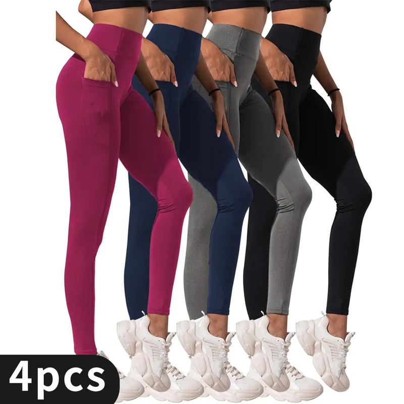 6 Pcs High-Waisted Slimming Yoga Pants with Pockets, Tummy Control, High Elasticity Solid Color Leggings for Women