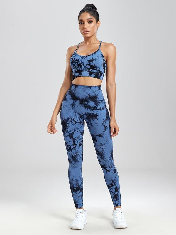 Two-Piece Set Three-Piece Set Women's Tie Dye Print Crop Cami Top & High Waist Leggings Tracksuit Set, Sleeveless Spaghetti Strap Crop Top & High Stretch Yoga Leggings, Ladies Sportswear for Indoor Outdoor Wear