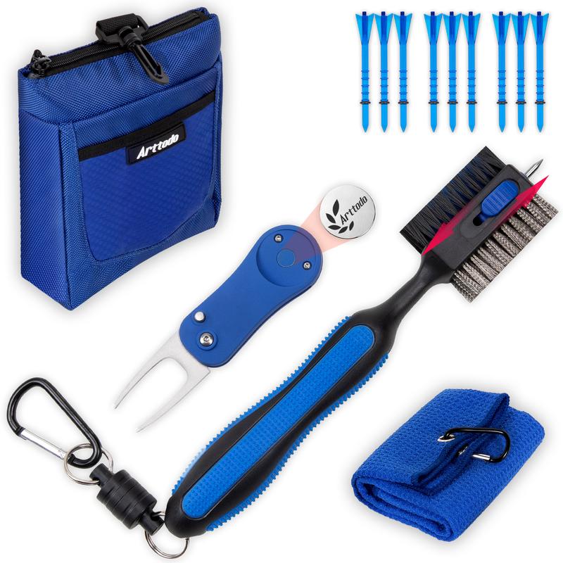 Golf Accessories Kit 13 in 1, includes a towel, divot tool, ball marker, golf tee, storage bag and cleaning brush. Golf gifts for him.