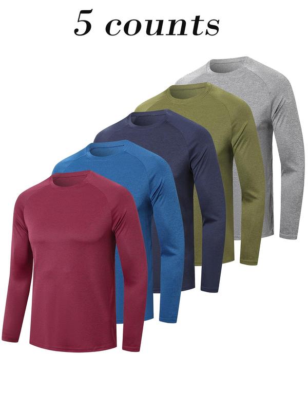 Men's Solid Long Sleeve Tee, Quick Drying Breathable Round Neck Sports T-shirt for Gym Workout Running, Workout Tops, Gym Clothes, Casual Sporty Top for All Seasons